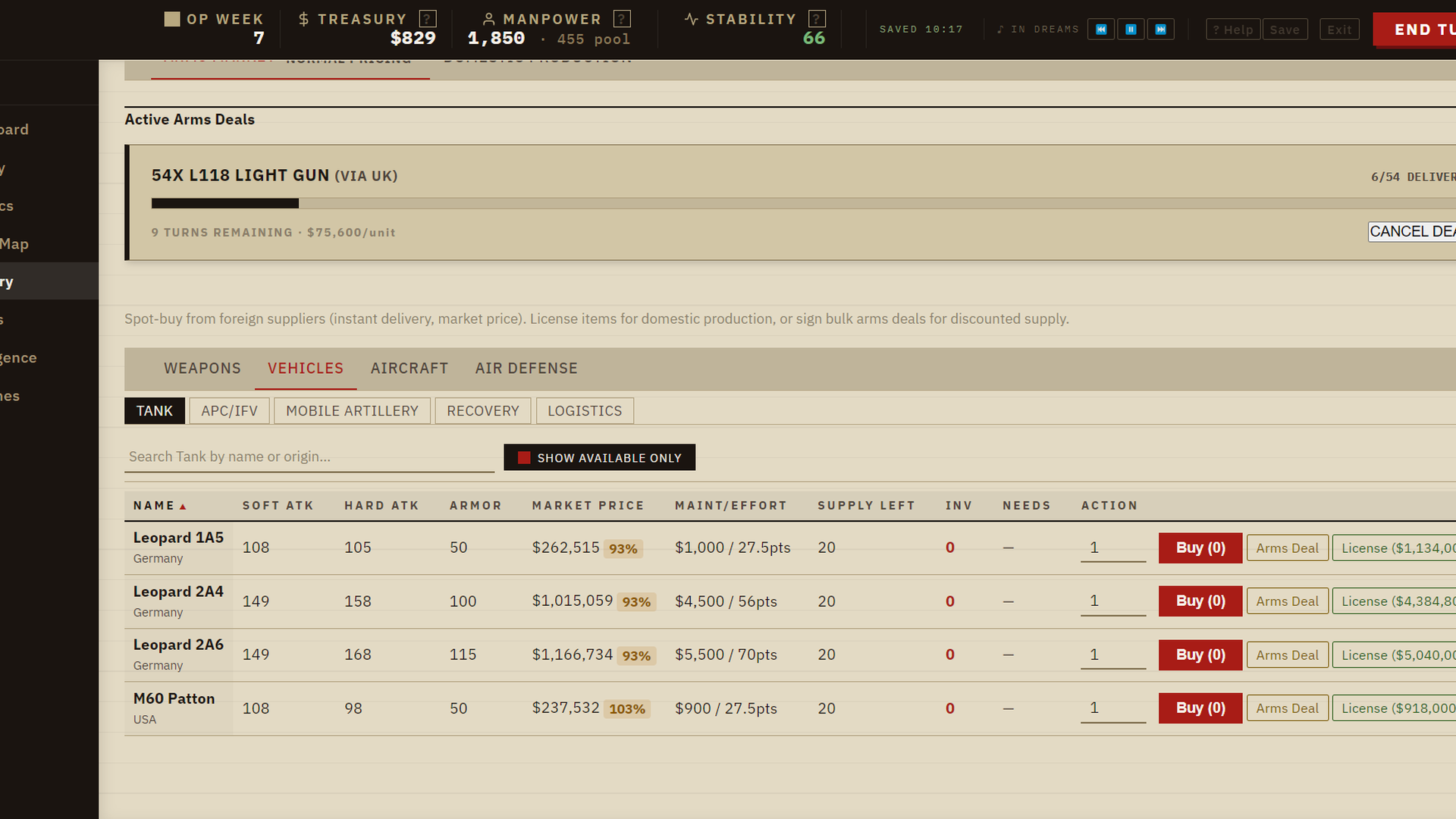 The arms market screen, showing tank listings with attack, armor and price columns