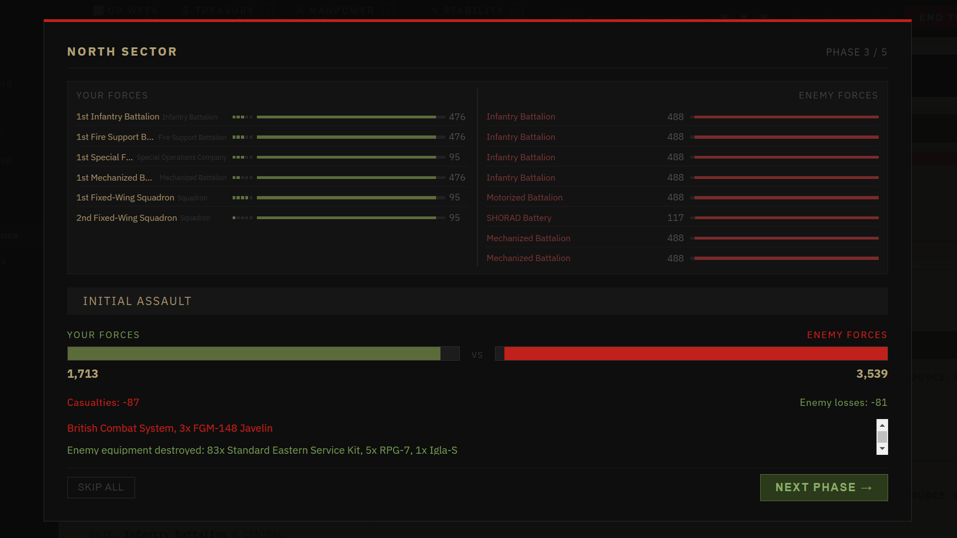 Battle resolution screen with combat log