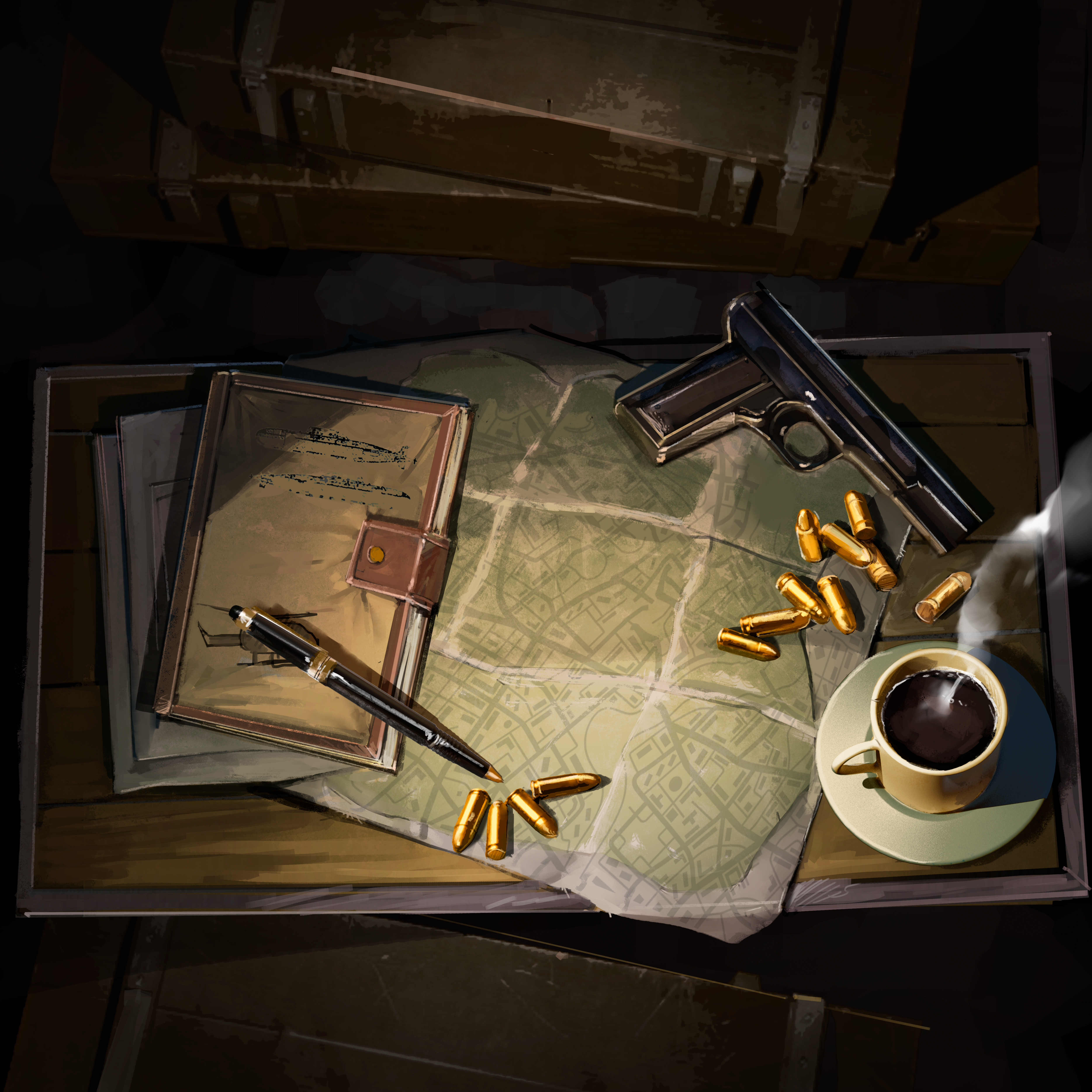 War Footing — a defense minister's desk: leather field journal, operational map, sidearm, brass cartridges, and coffee